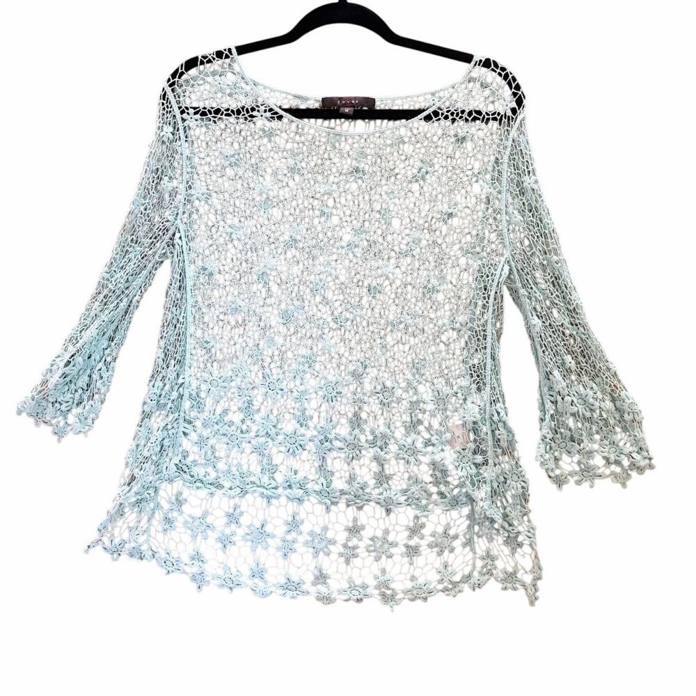 Fever Y2K light turquoise blue open flower weave top 3/4 sleeves medium hippie